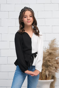 Black & White Two Tone Wrap Knot Side Asymmetrical Hem Long Sleeves Shirt - Fabric - shirts, topsshirts - Sprinkles Pakistan