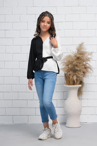Black & White Two Tone Wrap Knot Side Asymmetrical Hem Long Sleeves Shirt - Fabric - shirts, topsshirts - Sprinkles Pakistan