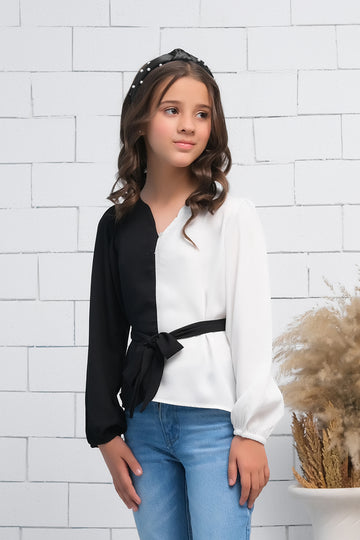 Black & White Two Tone Wrap Knot Side Asymmetrical Hem Long Sleeves Shirt