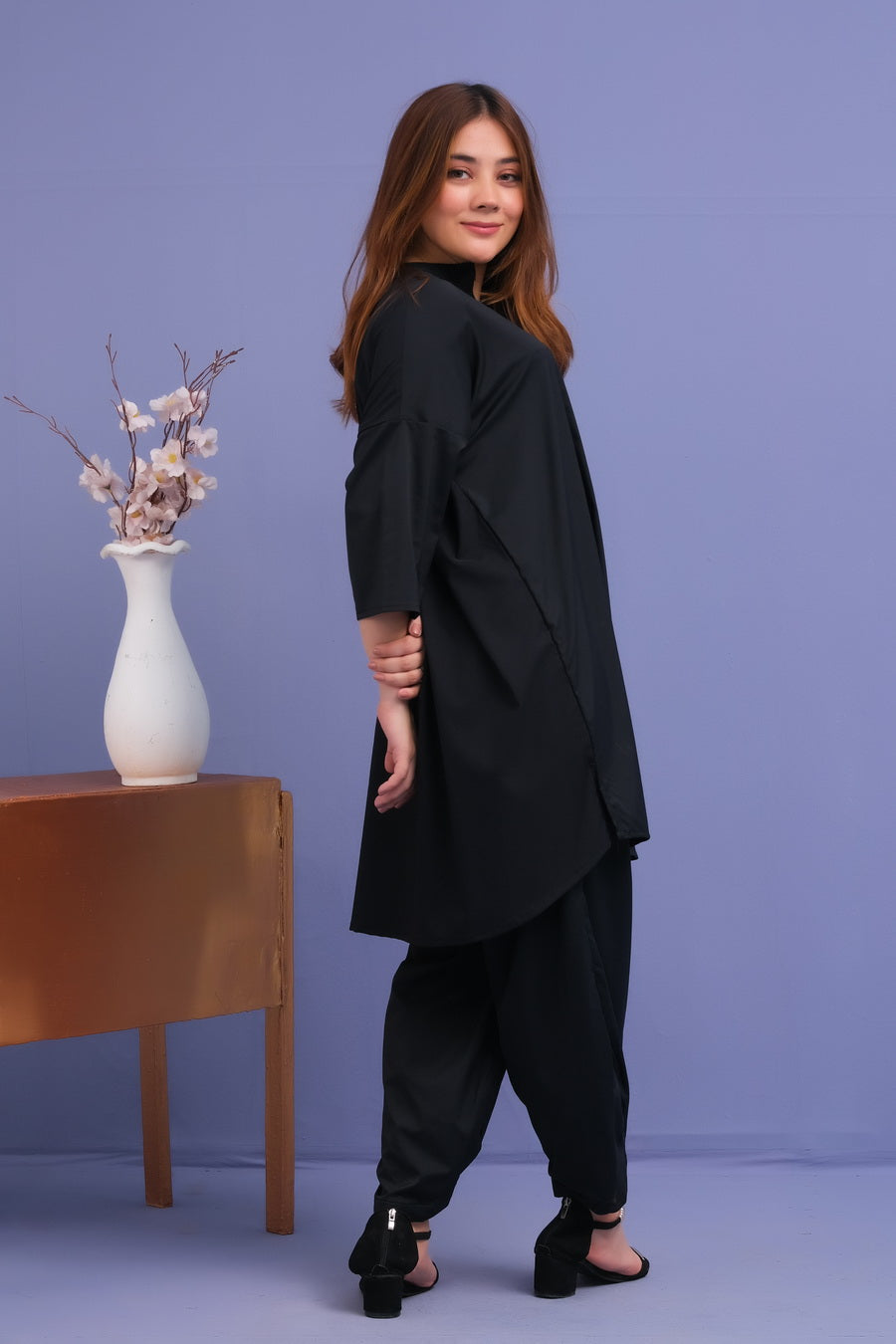 Black Plain 2 Pcs Ready to Wear Set - Medium Tall Shirt with Trouser