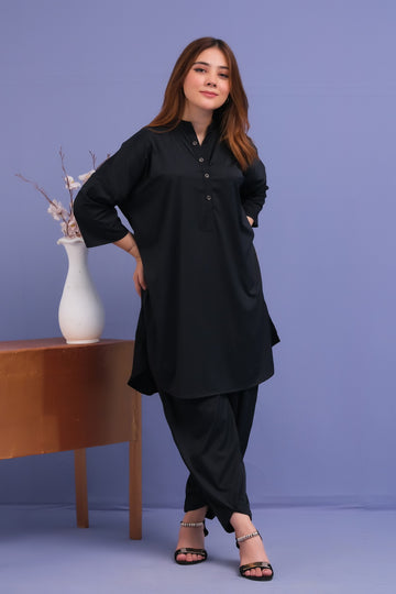 Black Plain 2 Pcs Ready to Wear Set - Medium Tall Shirt with Trouser