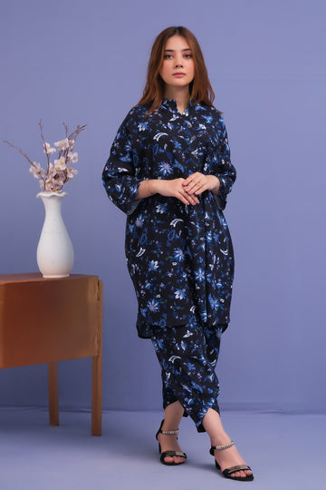 Black Allover Floral Print 2 Pcs Ready to Wear Set - Medium Tall Shirt with Trouser