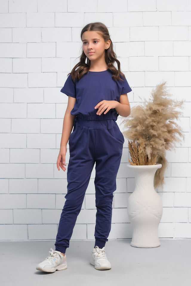 Navy Blue 2Pcs Cord Set with Short Sleeves Shirt and Trouser