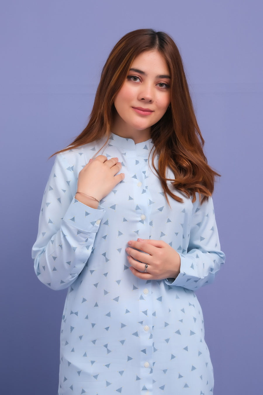 Sky Blue Pattern 2 Pcs Ready to Wear Set - Long Shirt with Trouser