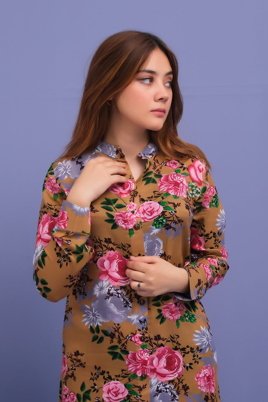 Brown Rose Print 2 Pcs Ready to Wear Set - Long Shirt with Trouser