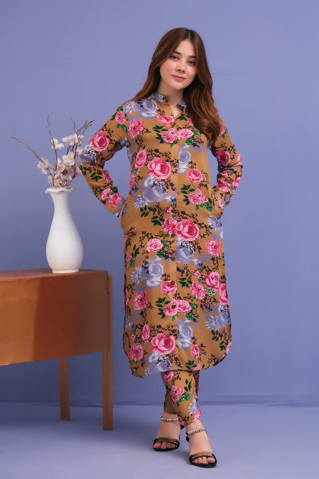 Brown Rose Print 2 Pcs Ready to Wear Set - Long Shirt with Trouser - Cotton Mix - dresses, grand-sale, 2pcs-rtw, women-clearance - Sprinkles Pakistan