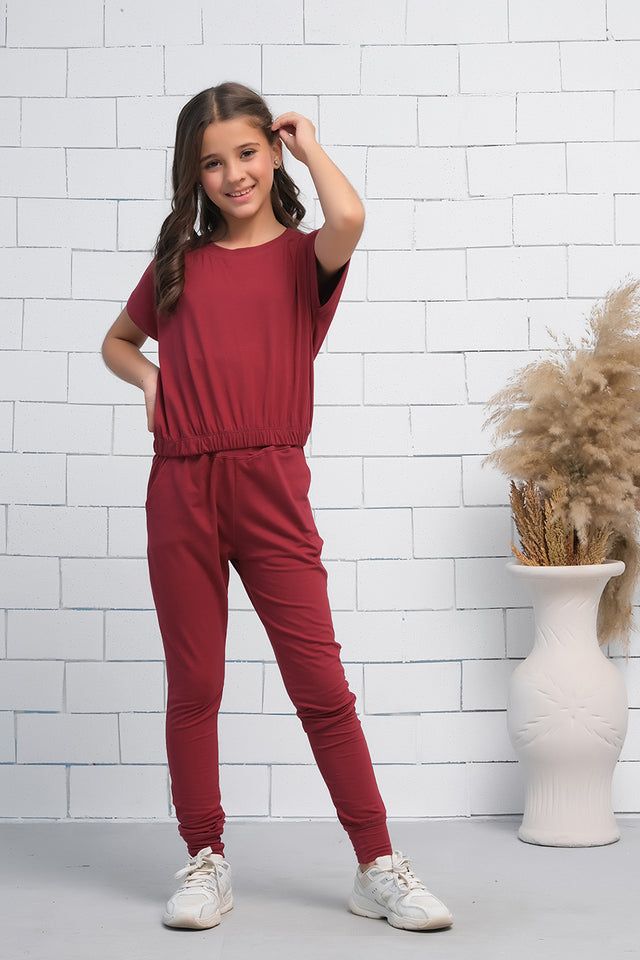 Maroon 2Pcs Cord Set with Short Sleeves Shirt and Trouser