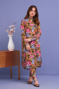 Brown Rose Print 2 Pcs Ready to Wear Set - Long Shirt with Trouser - Cotton Mix - dresses, grand-sale, 2pcs-rtw, women-clearance - Sprinkles Pakistan