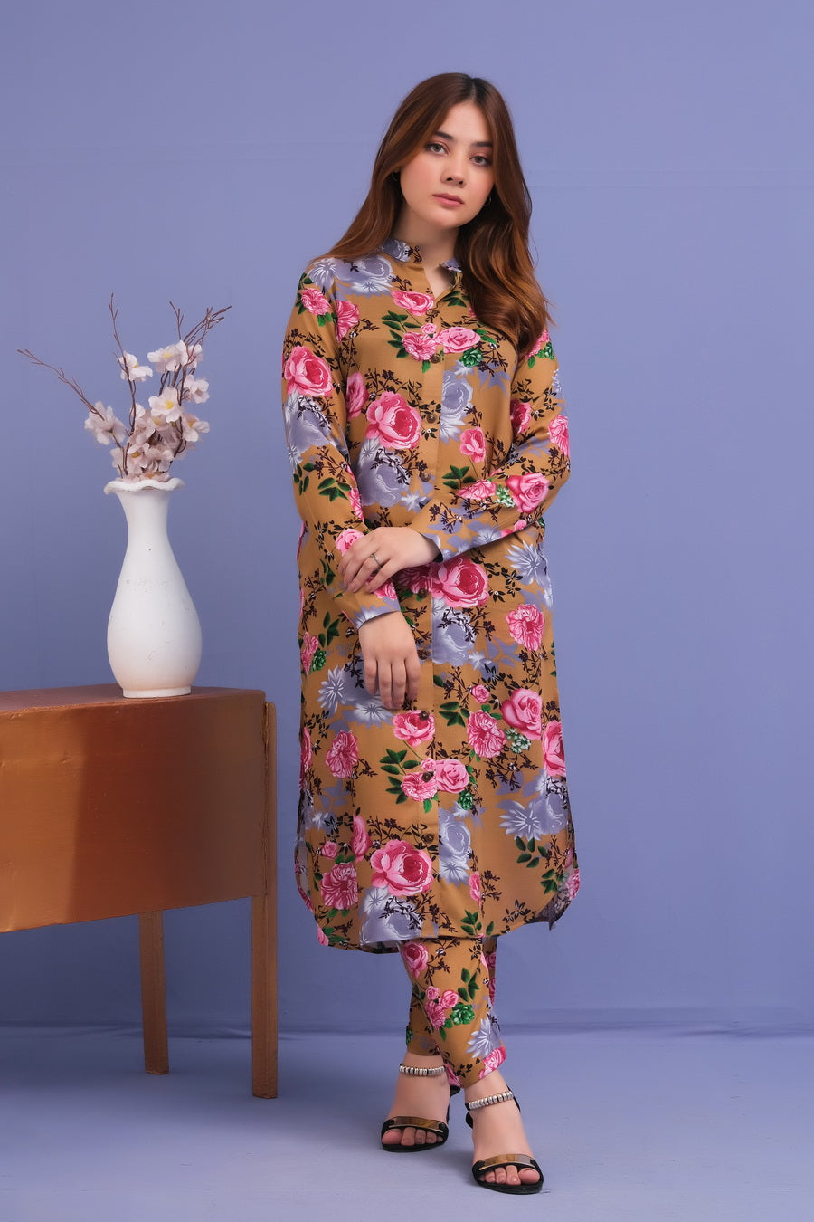 Brown Rose Print 2 Pcs Ready to Wear Set - Long Shirt with Trouser - Cotton Mix - dresses, grand-sale, 2pcs-rtw, women-clearance - Sprinkles Pakistan