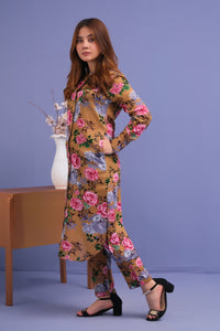 Brown Rose Print 2 Pcs Ready to Wear Set - Long Shirt with Trouser - Cotton Mix - dresses, grand-sale, 2pcs-rtw, women-clearance - Sprinkles Pakistan
