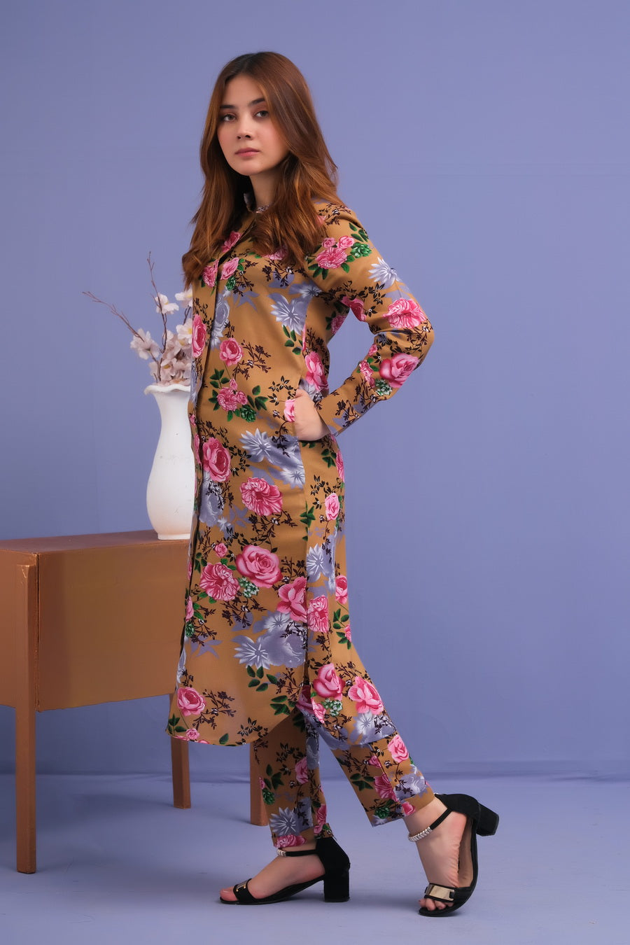 Brown Rose Print 2 Pcs Ready to Wear Set - Long Shirt with Trouser - Cotton Mix - dresses, grand-sale, 2pcs-rtw, women-clearance - Sprinkles Pakistan