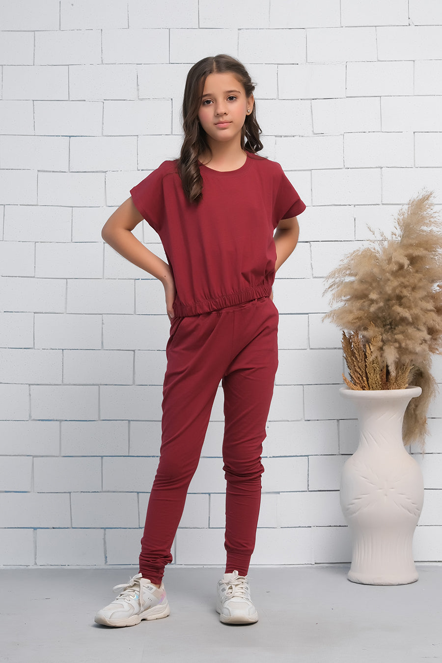 Maroon 2Pcs Cord Set with Short Sleeves Shirt and Trouser - Jersey - co-ord-sets, dresses - Sprinkles Pakistan