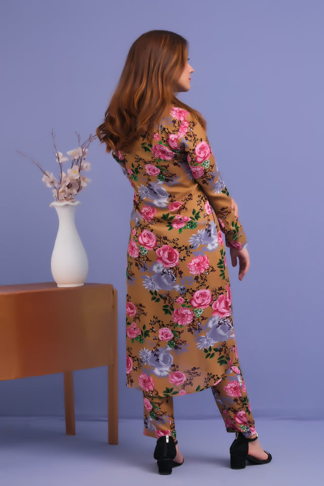 Brown Rose Print 2 Pcs Ready to Wear Set - Long Shirt with Trouser - Cotton Mix - dresses, grand-sale, 2pcs-rtw, women-clearance - Sprinkles Pakistan