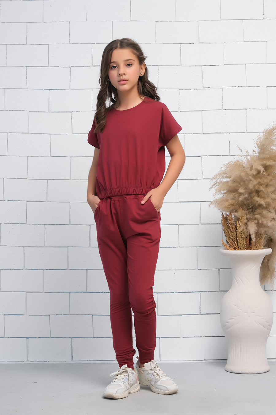 Maroon 2Pcs Cord Set with Short Sleeves Shirt and Trouser