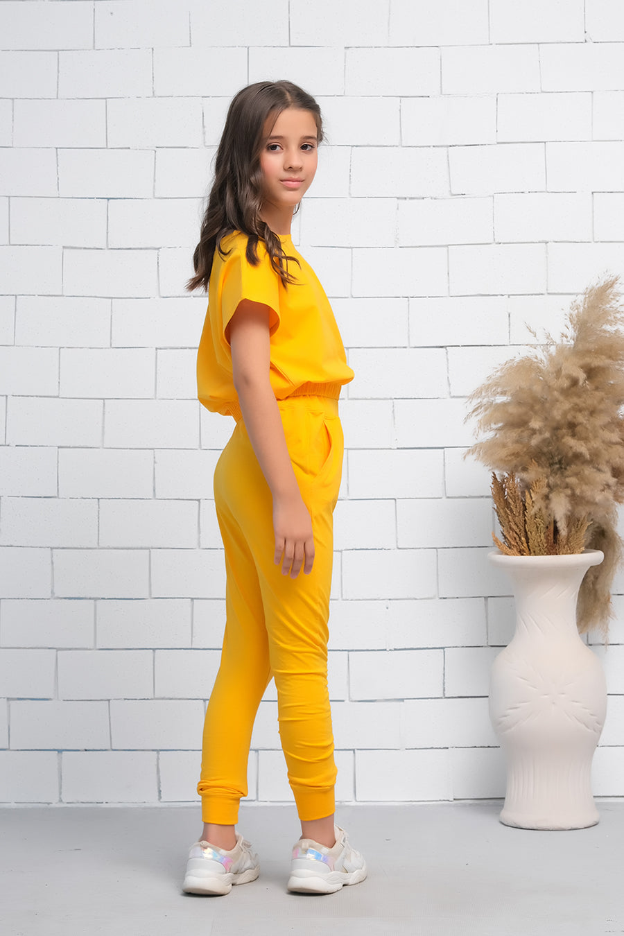 Yellow 2Pcs Cord Set with Short Sleeves Shirt and Trouser