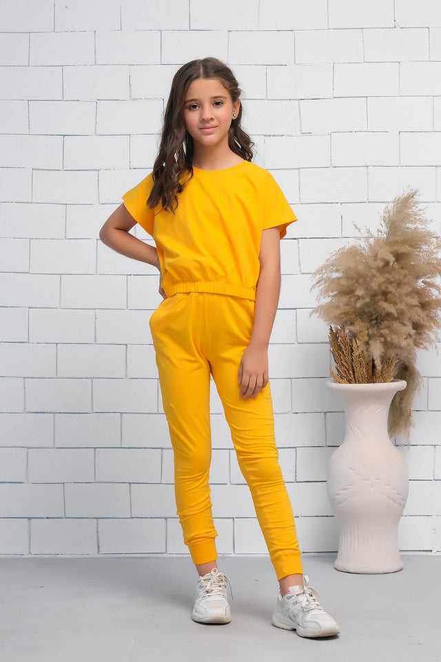 Yellow 2Pcs Cord Set with Short Sleeves Shirt and Trouser