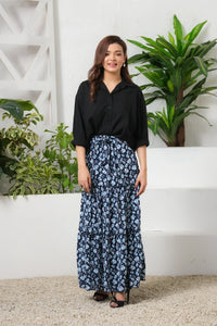 Navy Twilight Allover Floral Print Skirt - Soft Summer Crepe - bottoms, skirts, women-bottom, women-clearance - Sprinkles Pakistan