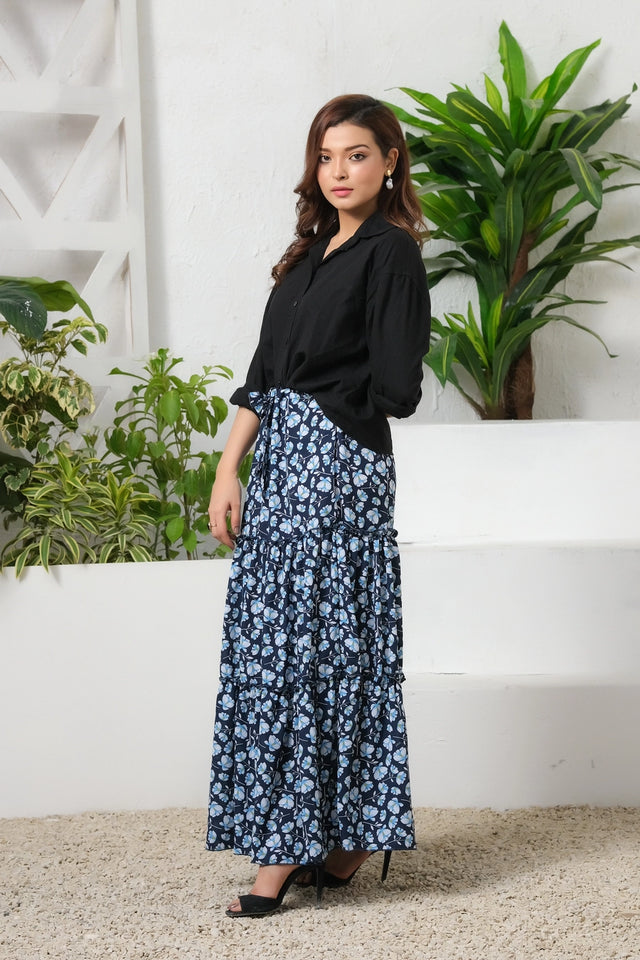 Navy Twilight Allover Floral Print Skirt - Soft Summer Crepe - bottoms, skirts, women-bottom, women-clearance - Sprinkles Pakistan