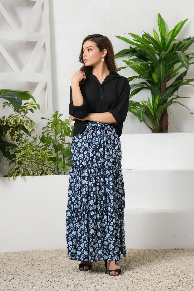 Navy Twilight Allover Floral Print Skirt - Soft Summer Crepe - bottoms, skirts, women-bottom, women-clearance - Sprinkles Pakistan