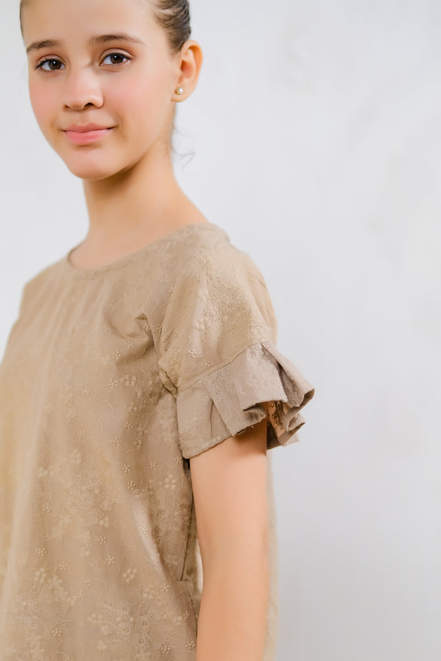 Beige Scallop Hem Top - Cotton - shirts, topsshirts - Sprinkles Pakistan