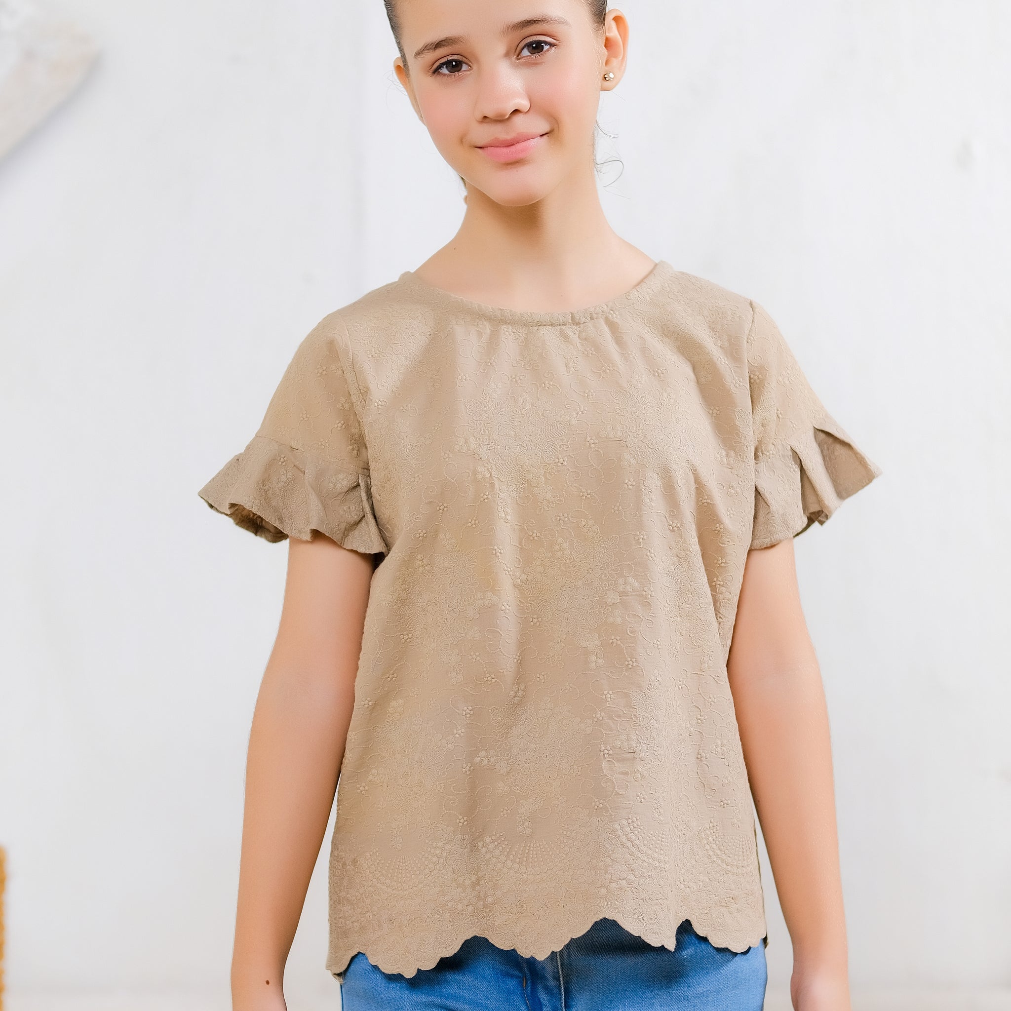 Beige Scallop Hem Top