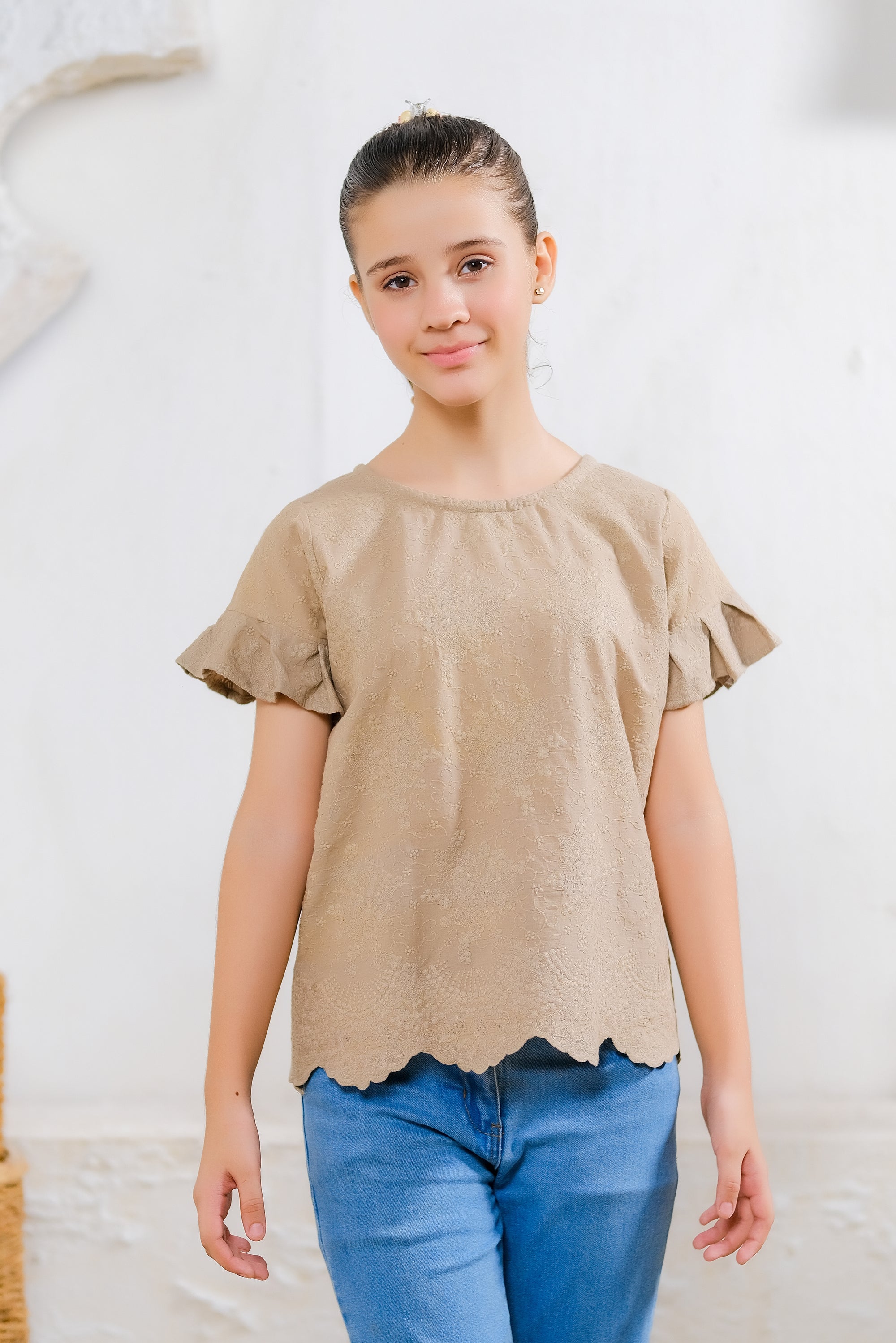 Beige Scallop Hem Top - Cotton - shirts, topsshirts - Sprinkles Pakistan