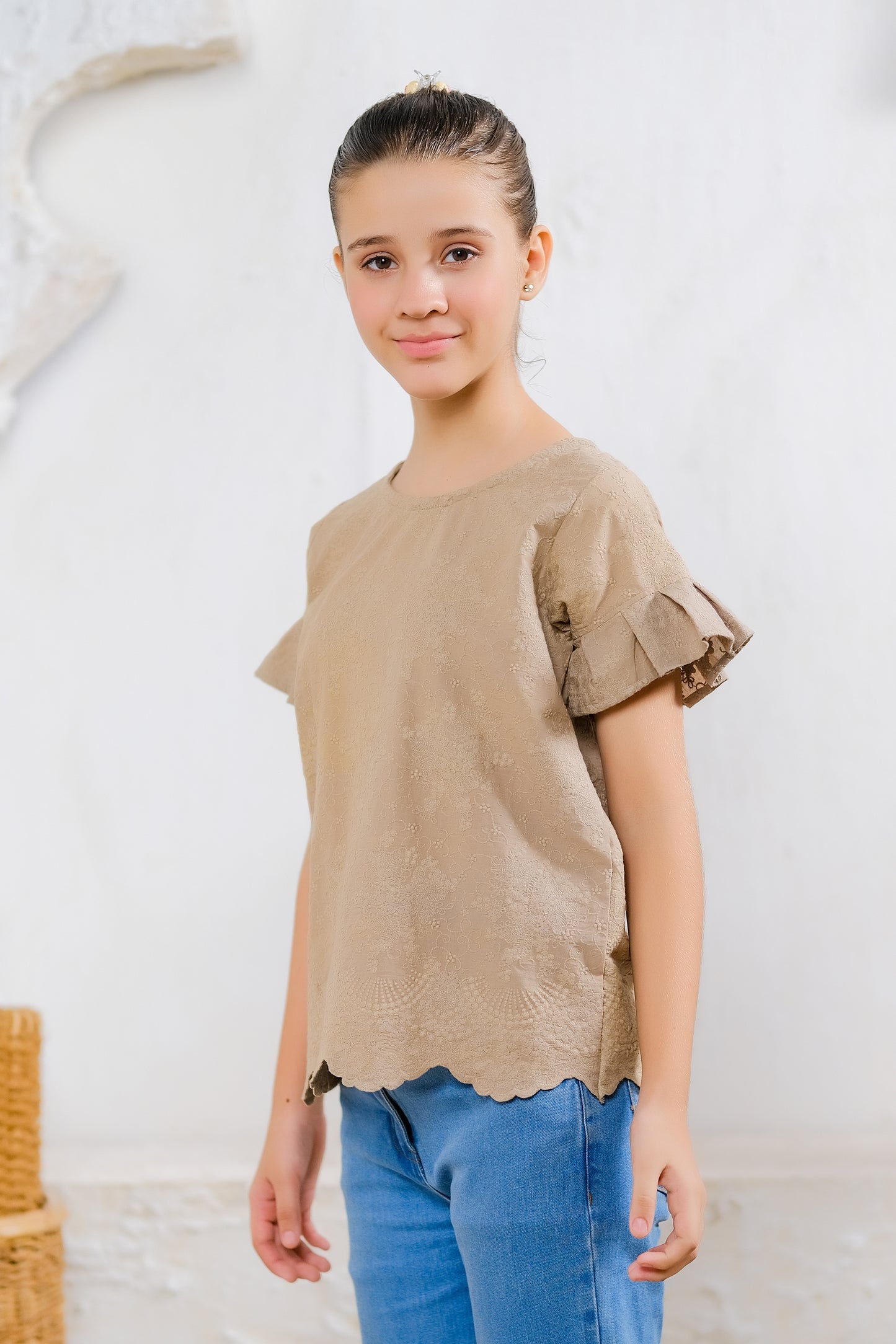 Beige Scallop Hem Top - Cotton - shirts, topsshirts - Sprinkles Pakistan