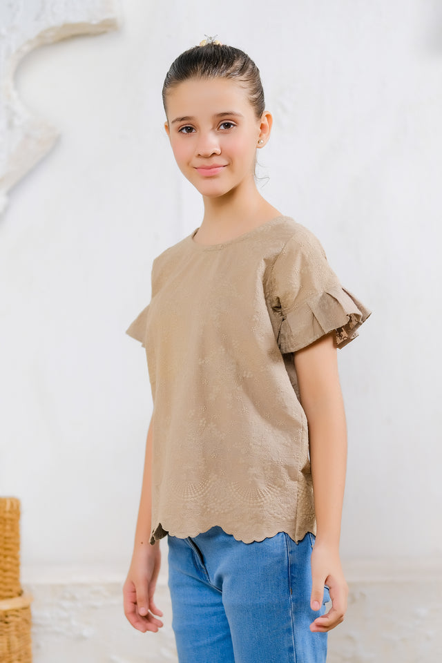 Beige Scallop Hem Top - Cotton - shirts, topsshirts - Sprinkles Pakistan