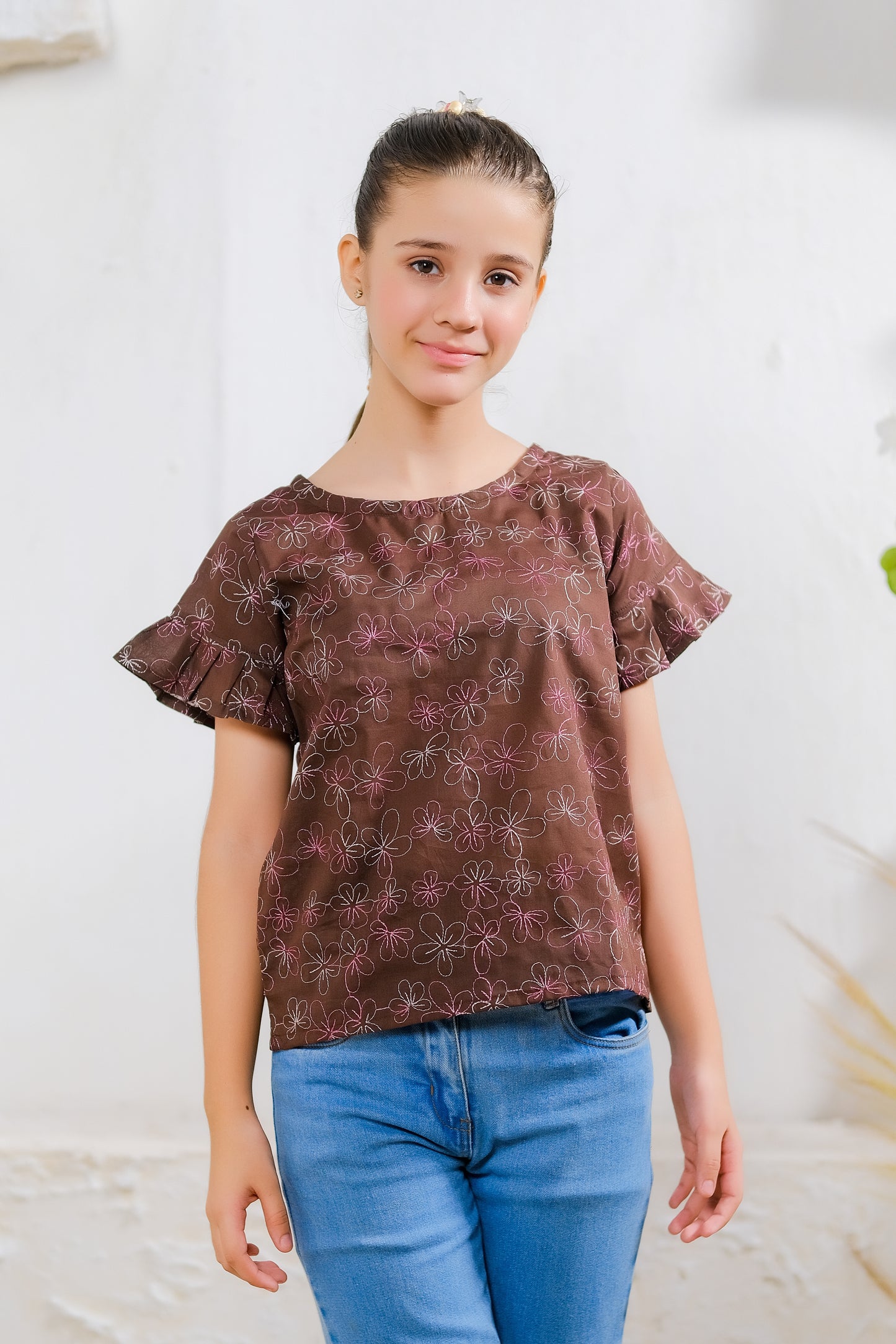 Chocolate Floral Embroidered Top - Cotton - shirts, topsshirts - Sprinkles Pakistan