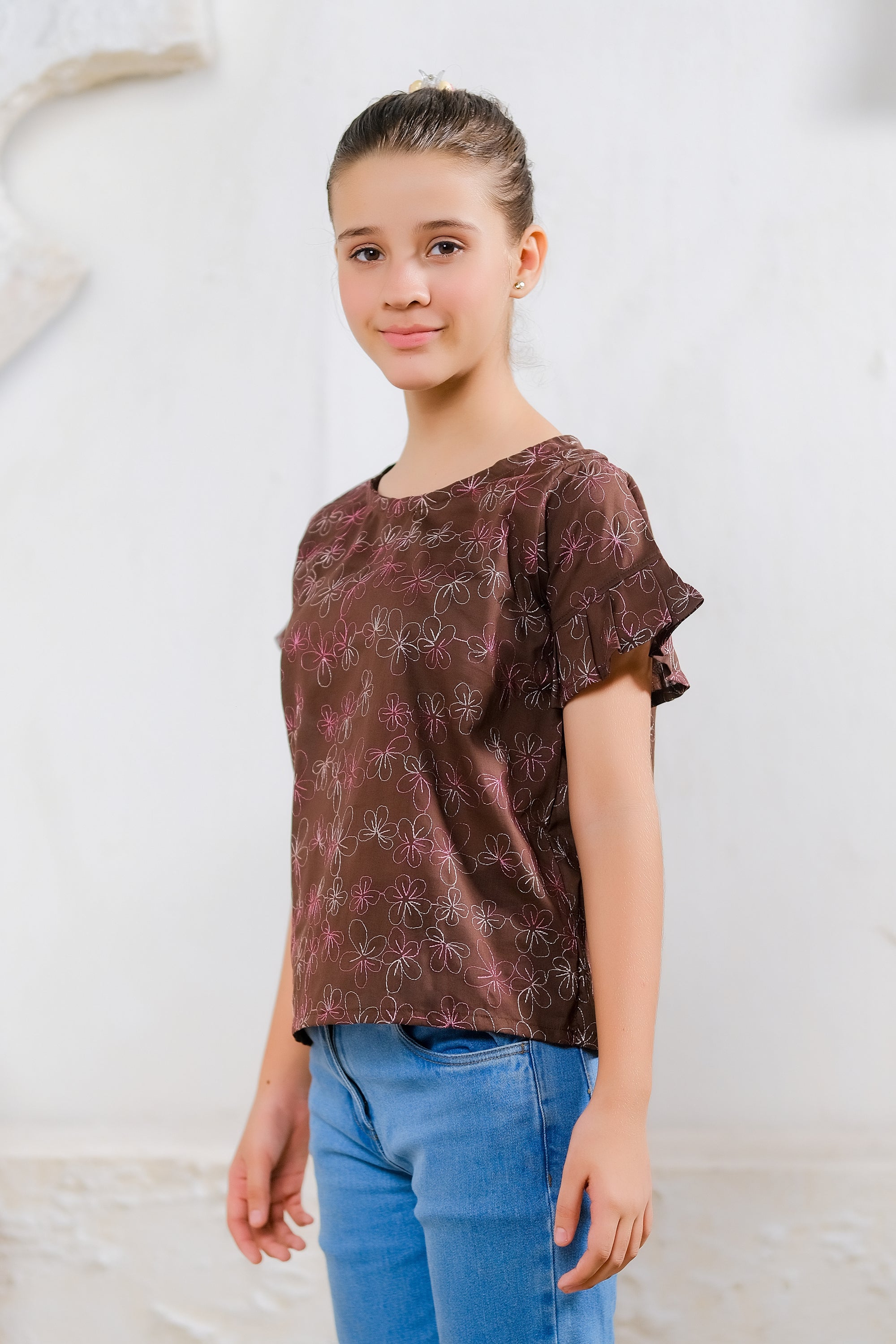 Chocolate Floral Embroidered Top - Cotton - shirts, topsshirts - Sprinkles Pakistan