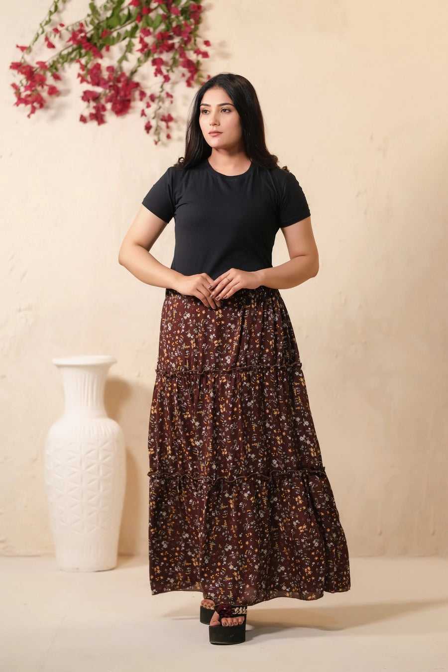 Mocha Dream Allover Floral Print Skirt - Soft Summer Crepe - bottoms, skirts, women-bottom, women-clearance - Sprinkles Pakistan