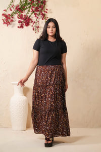 Mocha Dream Allover Floral Print Skirt - Soft Summer Crepe - bottoms, skirts, women-bottom, women-clearance - Sprinkles Pakistan