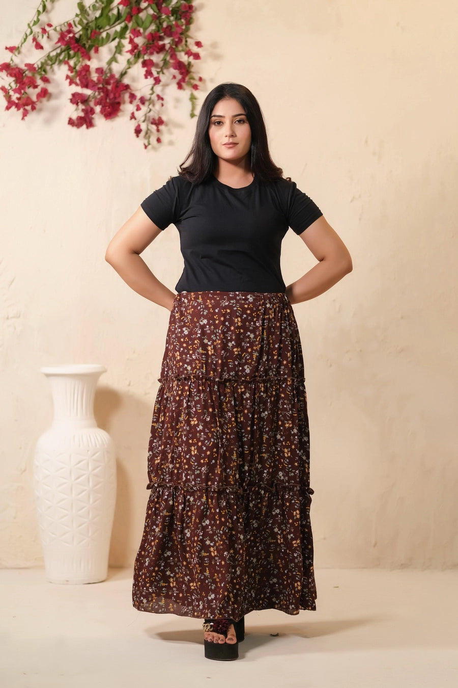 Mocha Dream Allover Floral Print Skirt - Soft Summer Crepe - bottoms, skirts, women-bottom, women-clearance - Sprinkles Pakistan