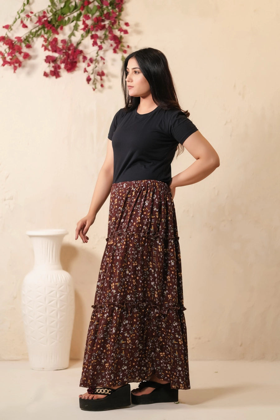 Mocha Dream Allover Floral Print Skirt - Soft Summer Crepe - bottoms, skirts, women-bottom, women-clearance - Sprinkles Pakistan