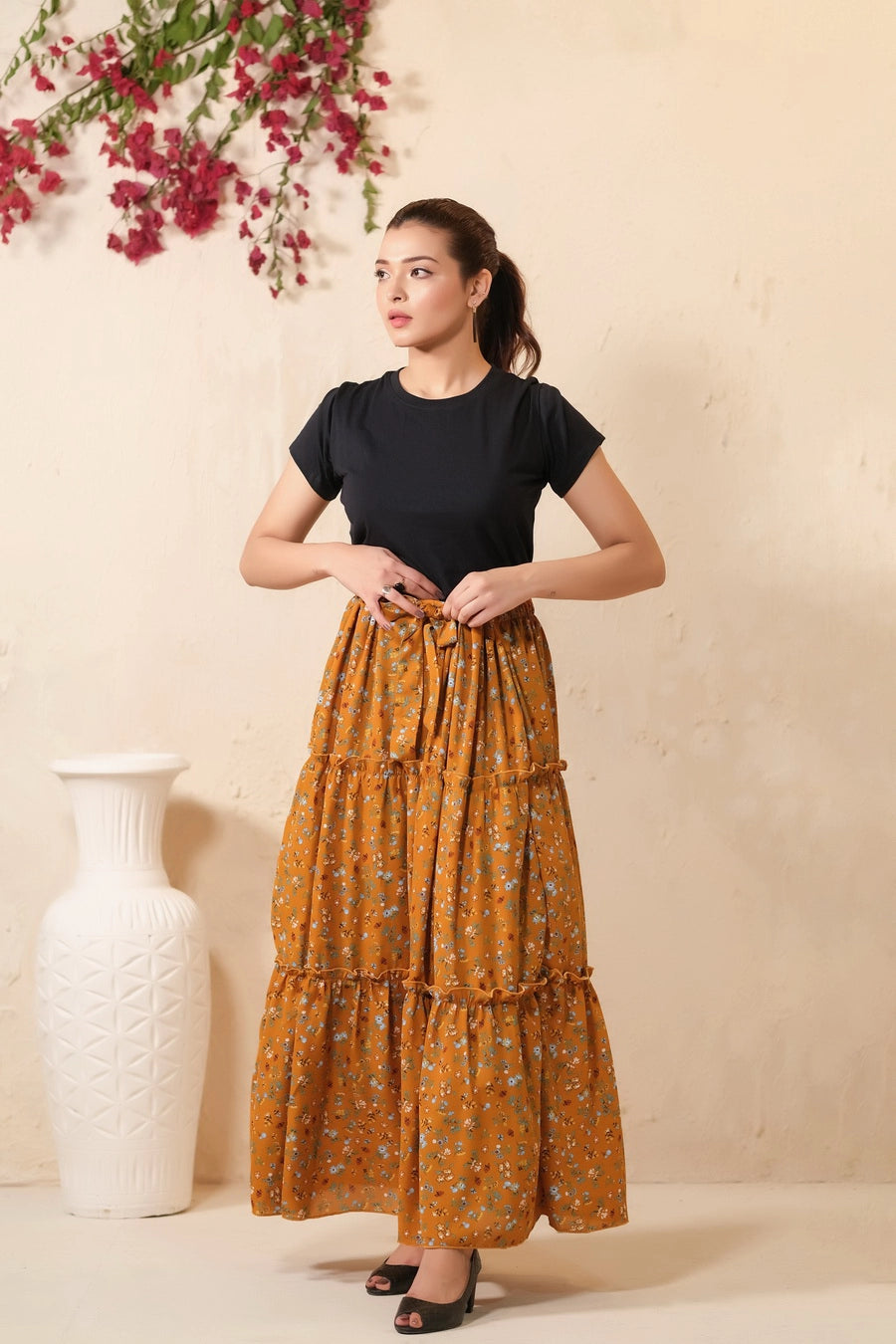 Mustard Bloom Allover Floral Print Skirt - Soft Summer Crepe - bottoms, skirts, women-bottom, women-clearance - Sprinkles Pakistan