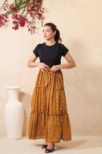 Mustard Bloom Allover Floral Print Skirt - Soft Summer Crepe - bottoms, skirts, women-bottom, women-clearance - Sprinkles Pakistan