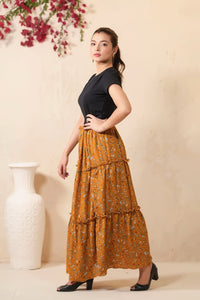 Mustard Bloom Allover Floral Print Skirt - Soft Summer Crepe - bottoms, skirts, women-bottom, women-clearance - Sprinkles Pakistan