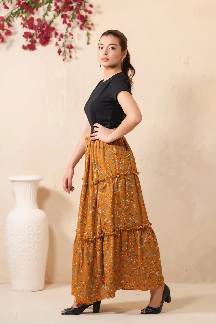 Mustard Bloom Allover Floral Print Skirt - Soft Summer Crepe - bottoms, skirts, women-bottom, women-clearance - Sprinkles Pakistan