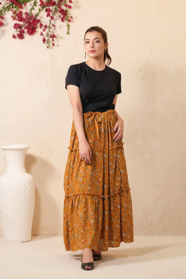 Mustard Bloom Allover Floral Print Skirt - Soft Summer Crepe - bottoms, skirts, women-bottom, women-clearance - Sprinkles Pakistan