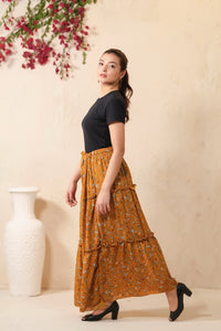 Mustard Bloom Allover Floral Print Skirt - Soft Summer Crepe - bottoms, skirts, women-bottom, women-clearance - Sprinkles Pakistan