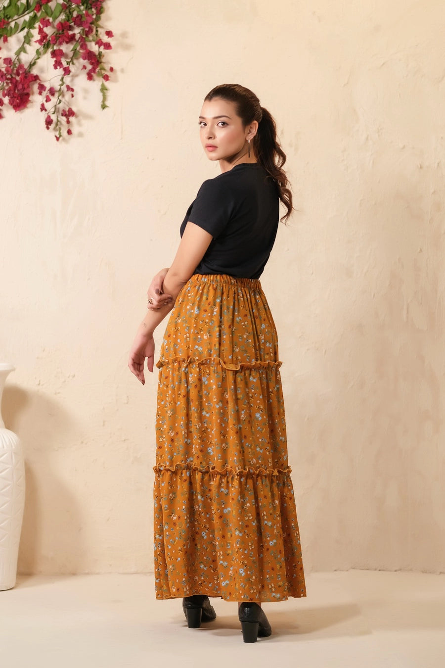 Mustard Bloom Allover Floral Print Skirt - Soft Summer Crepe - bottoms, skirts, women-bottom, women-clearance - Sprinkles Pakistan