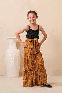 Mustard Bloom Allover Floral Print Skirt - Soft Summer Crepe - bottoms, skirts, women-bottom, women-clearance - Sprinkles Pakistan