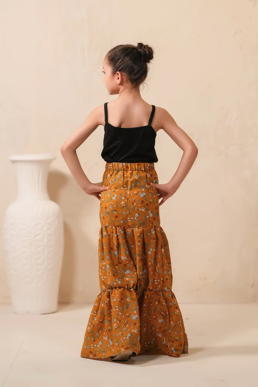 Mustard Bloom Allover Floral Print Skirt - Soft Summer Crepe - bottoms, skirts, women-bottom, women-clearance - Sprinkles Pakistan