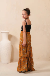 Mustard Bloom Allover Floral Print Skirt - Soft Summer Crepe - bottoms, skirts, women-bottom, women-clearance - Sprinkles Pakistan