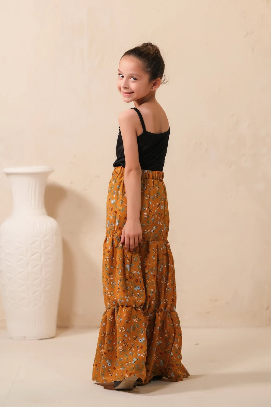 Mustard Bloom Allover Floral Print Skirt - Soft Summer Crepe - bottoms, skirts, women-bottom, women-clearance - Sprinkles Pakistan