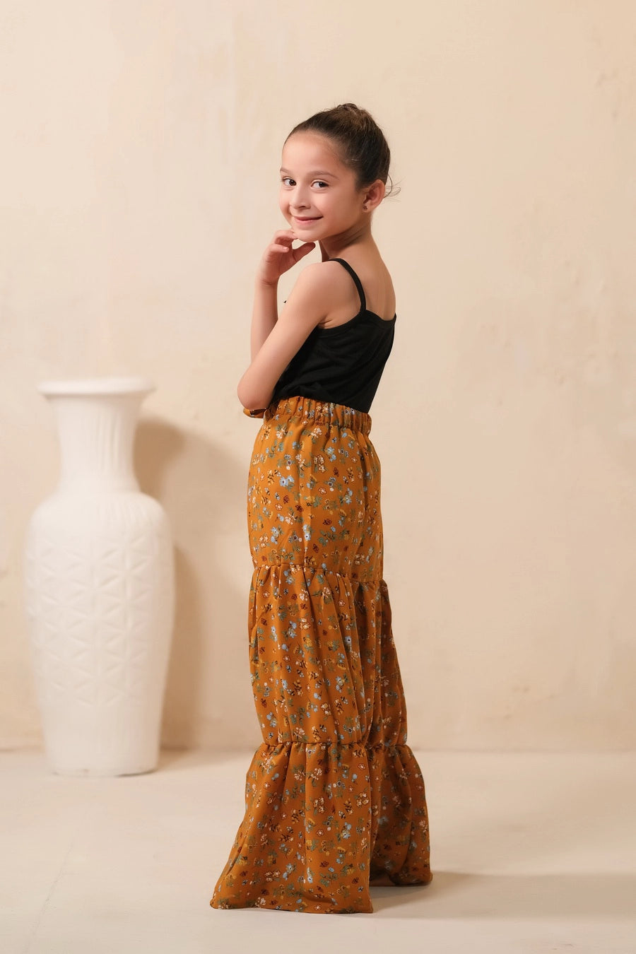 Mustard Bloom Allover Floral Print Skirt - Soft Summer Crepe - bottoms, skirts, women-bottom, women-clearance - Sprinkles Pakistan