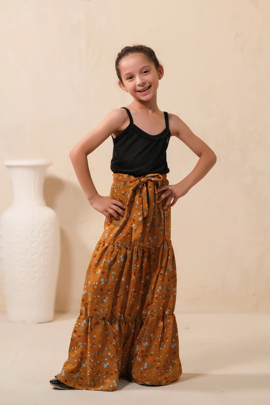 Mustard Bloom Allover Floral Print Skirt - Soft Summer Crepe - bottoms, skirts, women-bottom, women-clearance - Sprinkles Pakistan