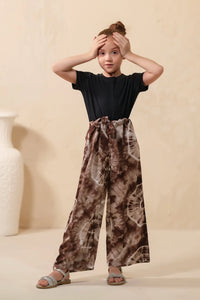 Tie Dye Slash Brown Flare Wide Leg Trouser - Soft Summer Crepe - bottoms, pants, women-bottom, women-clearance - Sprinkles Pakistan