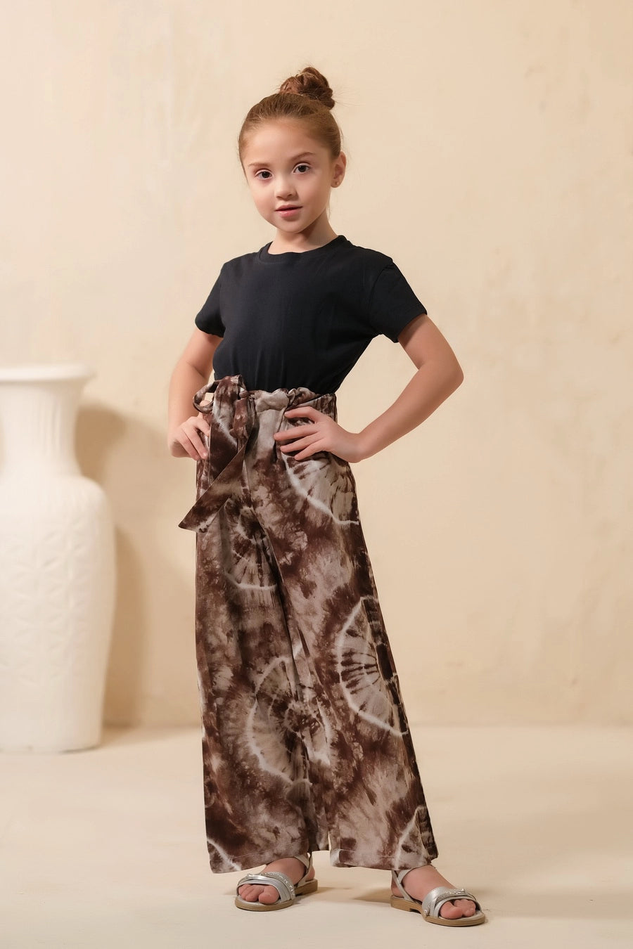 Tie Dye Slash Brown Flare Wide Leg Trouser - Soft Summer Crepe - bottoms, pants, women-bottom, women-clearance - Sprinkles Pakistan