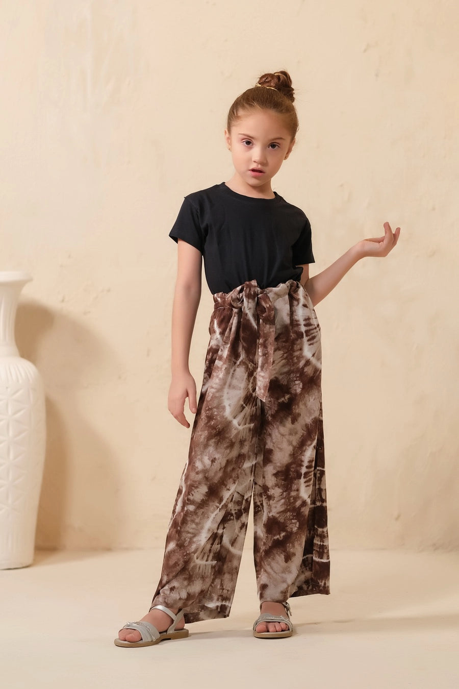 Tie Dye Slash Brown Flare Wide Leg Trouser - Soft Summer Crepe - bottoms, pants, women-bottom, women-clearance - Sprinkles Pakistan